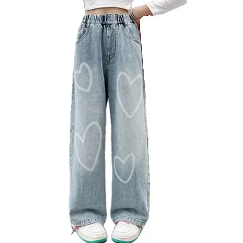 

High Quality Big Girls New Arrival Jeans with Heart Pattern 2024 Spring Autumn Fashion Wide Leg Pants Kids School Loose Trousers