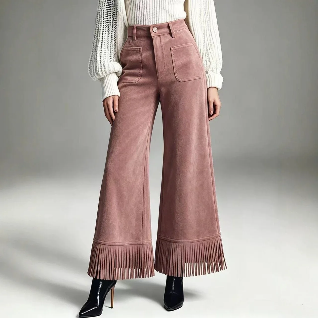 Women Retro Western Faux Suede High Waist Wide Leg Pants Fringe Hem Pockets Button Fly Casual Pants Fall Winter Chic Streetwear