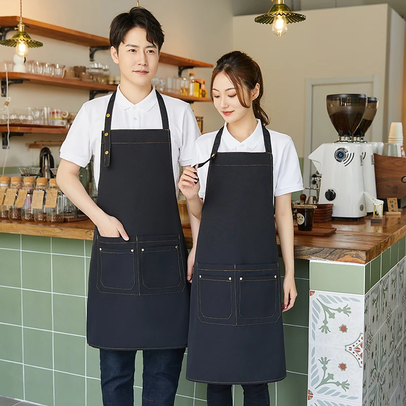 Hot Sale Custom Kitchen Restaurant Embroider Name Workwear Apron For Men Waterproof Canvas Women Black Apron Free Printing Logo