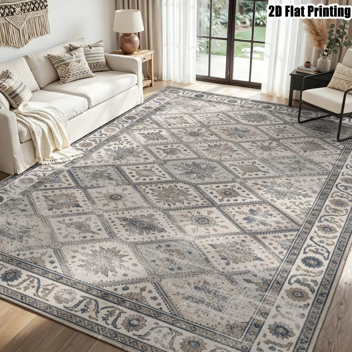 1Pc 2D Printed Carpet: Blue-Grey Retro Scroll Flower, European/Retro/Minimalist Style, Multi-Size Washable, for Home Decor & Multi-Scene Use