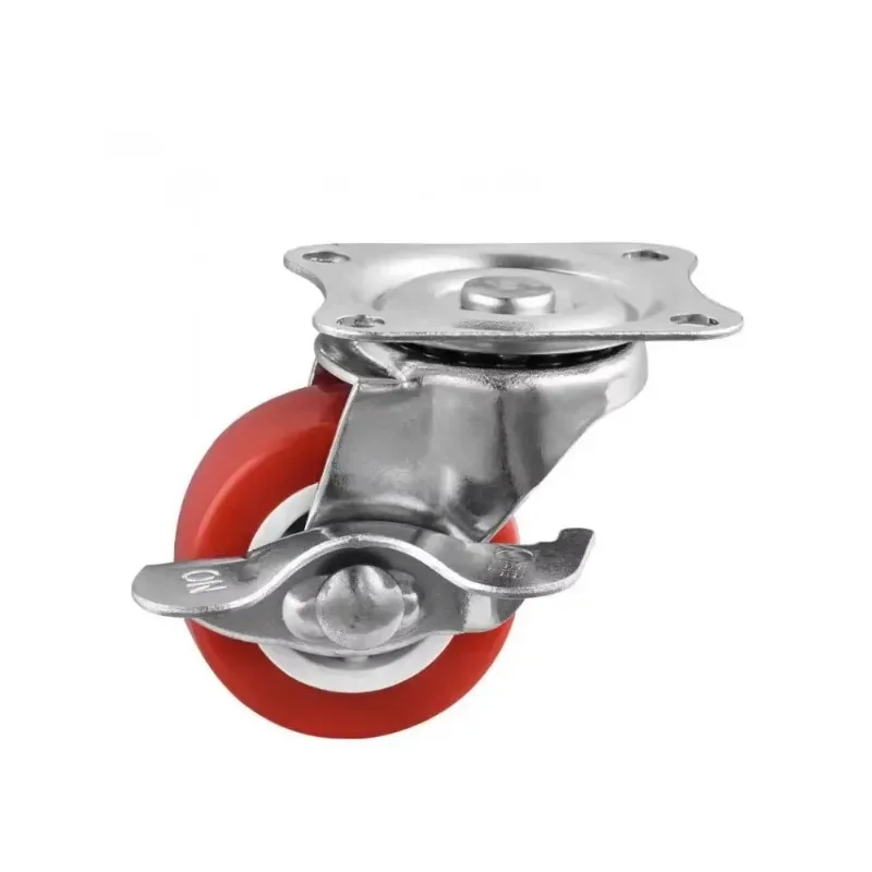 4 Pcs 1.5 inch Universal Brake Caster, Flat Side Roller, Furniture, Tea Table Pulley, Red Pvc Wheel Load 60KG