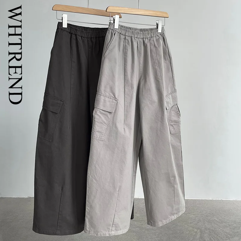 WHTREND ملابس العمل نمط السراويل الطويلة غير رسمية للنساء عالية الخصر فضفاضة يشعر جيب كبير واسعة الساق بنطلون WH2034
