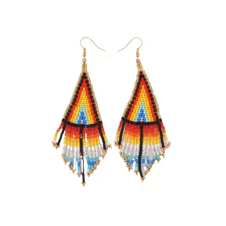 ZGMXR  Rice bead earrings Tassel Bohemia  Rainbow Gradation color Hand weaving Alloy Woman Fashion Geometry Beaded earrings