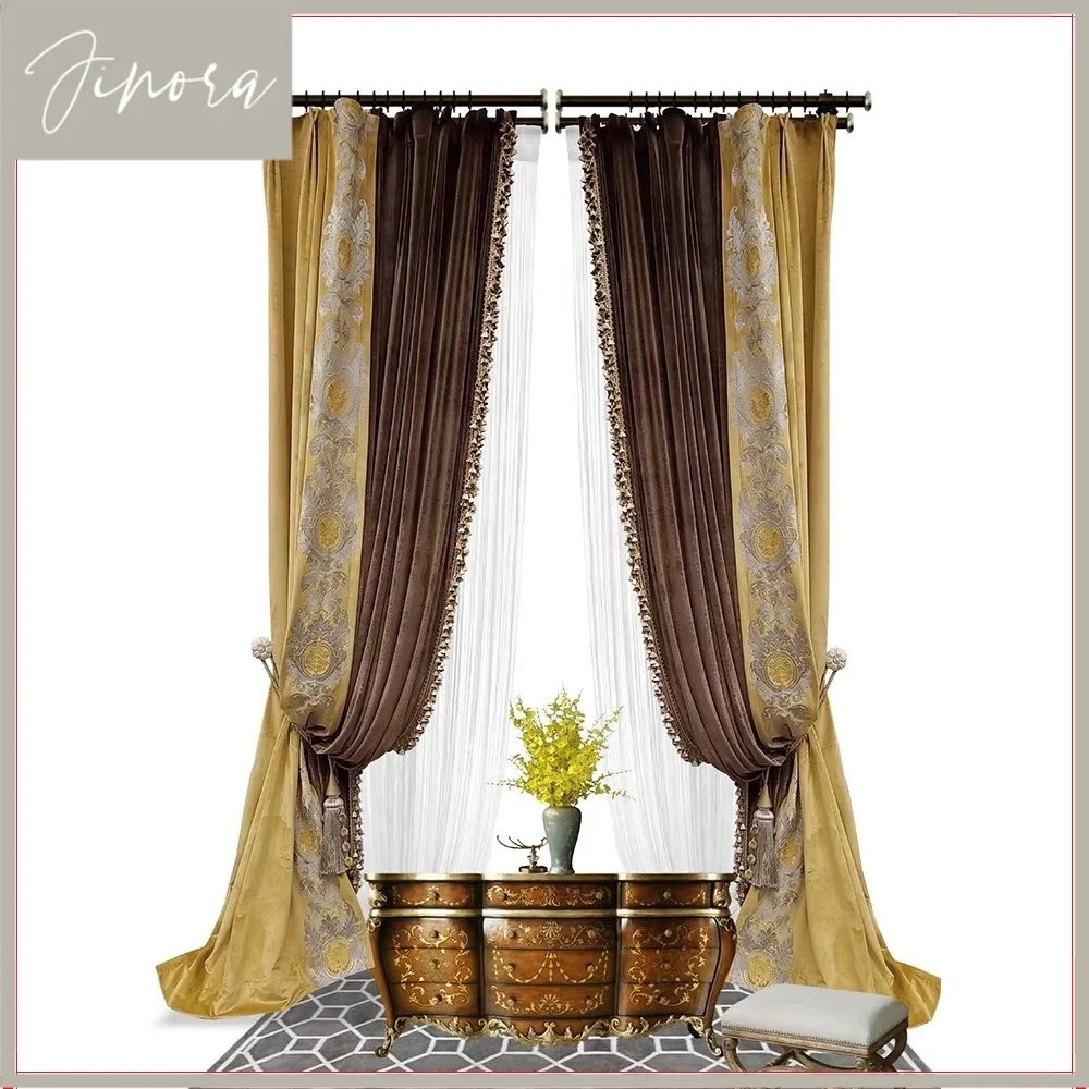 European Retro Villa Blackout Luxury Curtain For Living Room Bedroom Tulle Solid Color Stitching Embroidery Size Custom Velvet