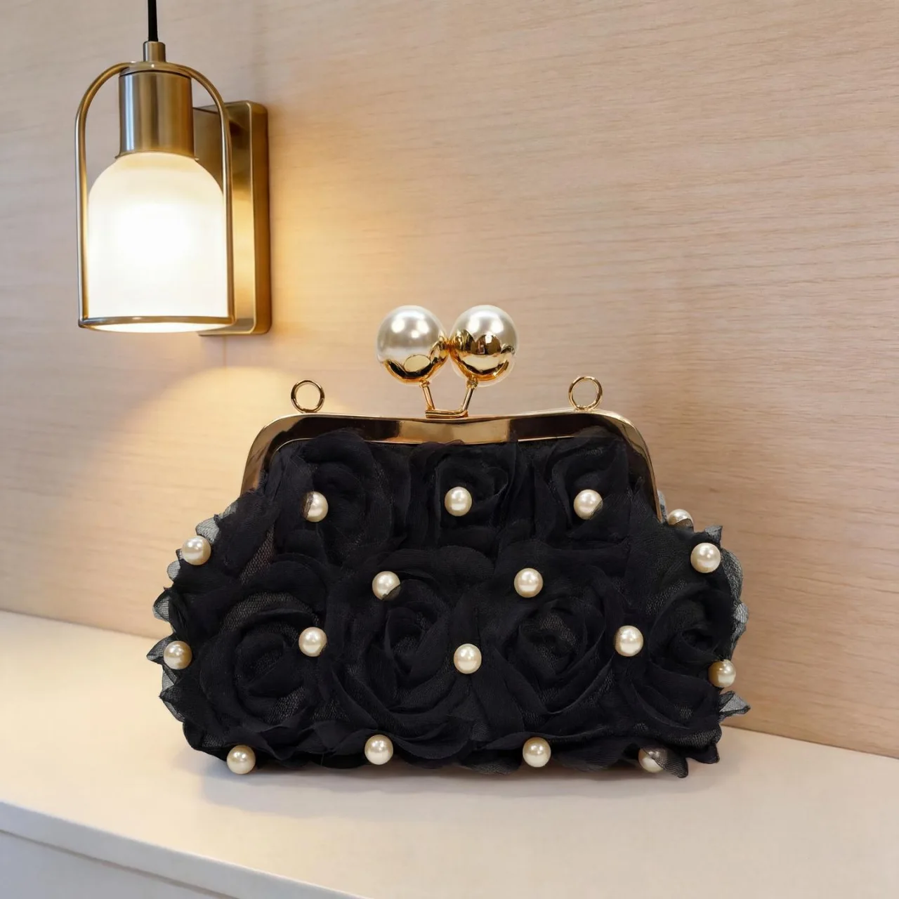 

Rose Lace Clip Evening Bags for Women Handbags Pearls Chain Shoulder Bag Kisslock Wedding Clutch Flower Mesh Frame Crossbody Bag