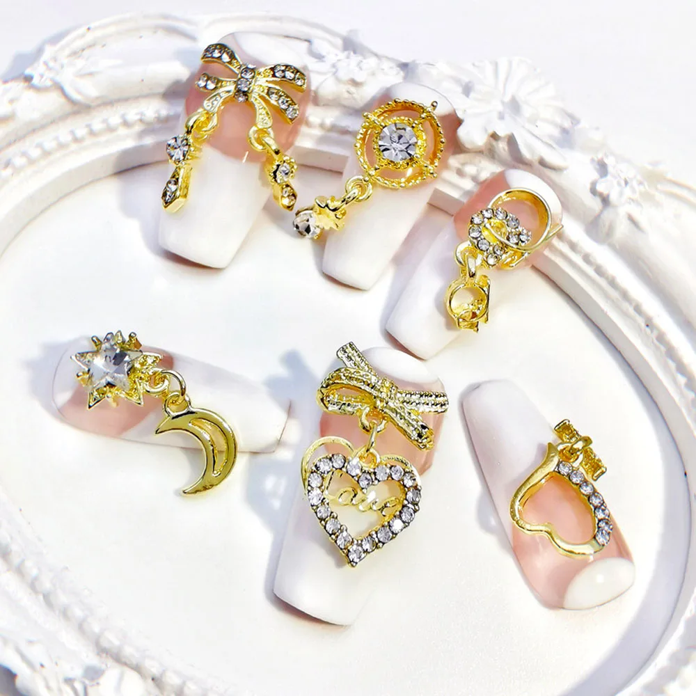 3D Nail Art Charms Heart Bowknot Star Moon Rhinestone Decorations Alloy 10Pcs/Pack Tassel Jewelry Gold/Silver Metal Nail Pendant