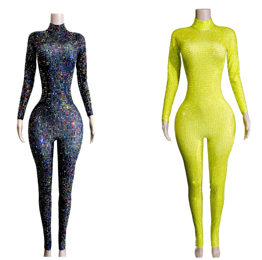 

Sparkly Silver Rhinestones Jumpsuit Long Sleeve Women Sexy Stretchy Performance Dance Costume Nightclub Singer Dancer Stage Wea