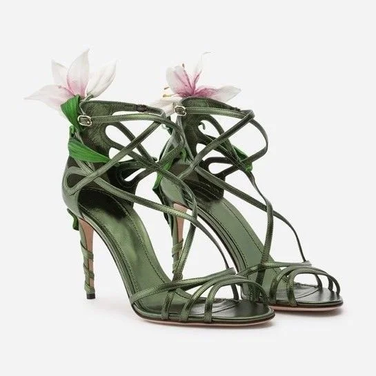 Flowers Fashion Round Toe Shallow Summer Women Sandals Stiletto High Heels Buckle Strap Design Large Size Party Shoes