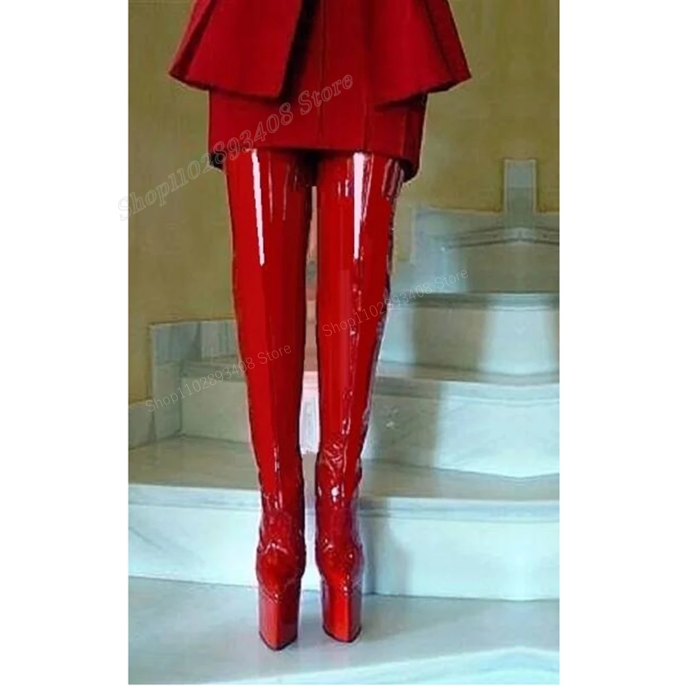 Red Patent Leather Elastic Over the Knee Boots Platform Stiletto High Heel Fashion Women Shoes 2024 Sexy Zapatos Para Mujere