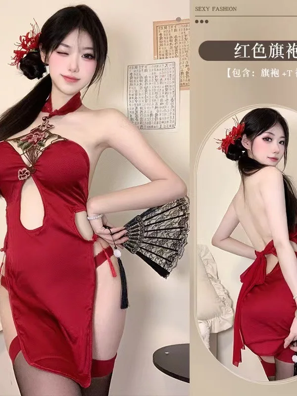 Erótico sexy pendurado pescoço estilo antigo oco para fora alta fenda cheongsam uniforme tentador paixão vestido feminino elegante doce a6a1