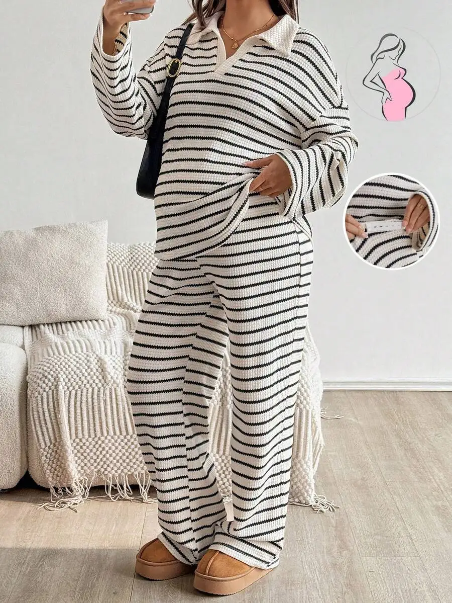 

2pcs Maternity Striped Loose Fit Set Dropped Shoulder Top And Adjustable Waist Straight Leg Pants Spring Autumn