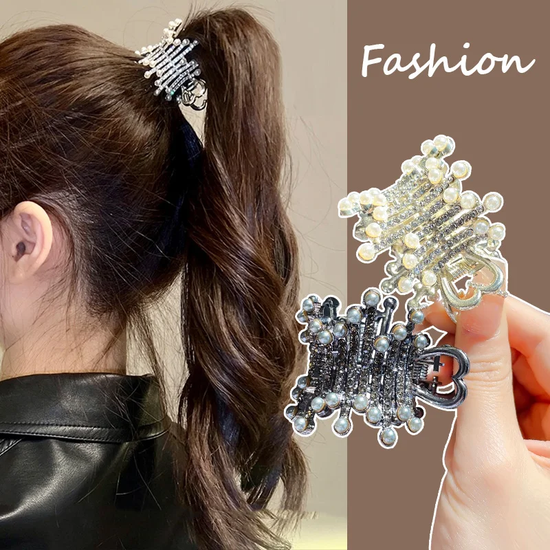 

New Trendy High Ponytail Fixed Hair Catch Alloy Hollow Pearl Rhinestone Claw Clip Ladies Hair Accessories