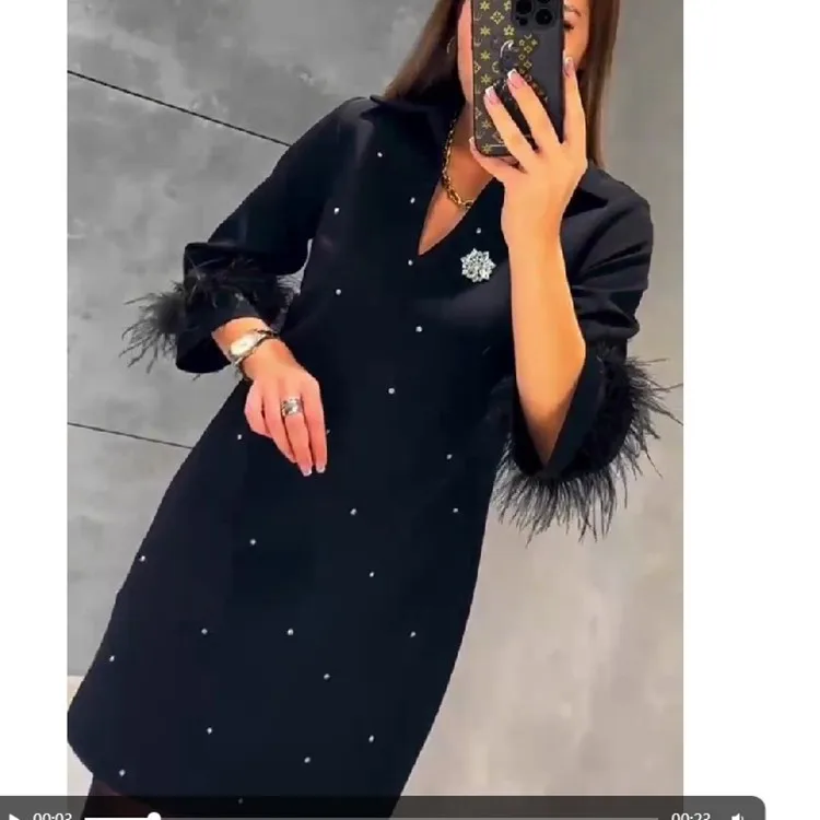 Black Feather Long Sleeve V Neck Dress For Women\'s  Fashionable Socialite Light Luxury Classic Hot Diamond Party Ladies Dresses