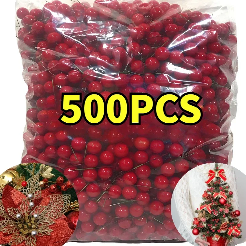 

500/50pcs Artificial Berries DIY Mini Red Fake Berry Cherry Stamen for Xmas Floral Wreath Ornament New Year Party Home Decor