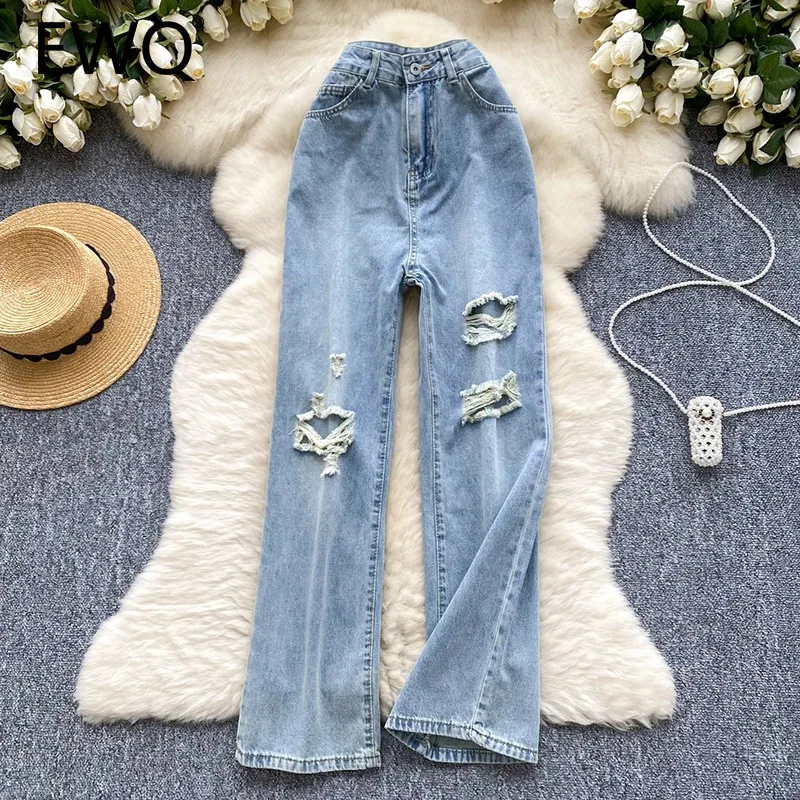 

EWQ, универсальные джинсовые брюки с дырками для женщин, повседневные свободные брюки с карманом на молнии и высокой талией, модные брюки 2024, новинка 27X1166