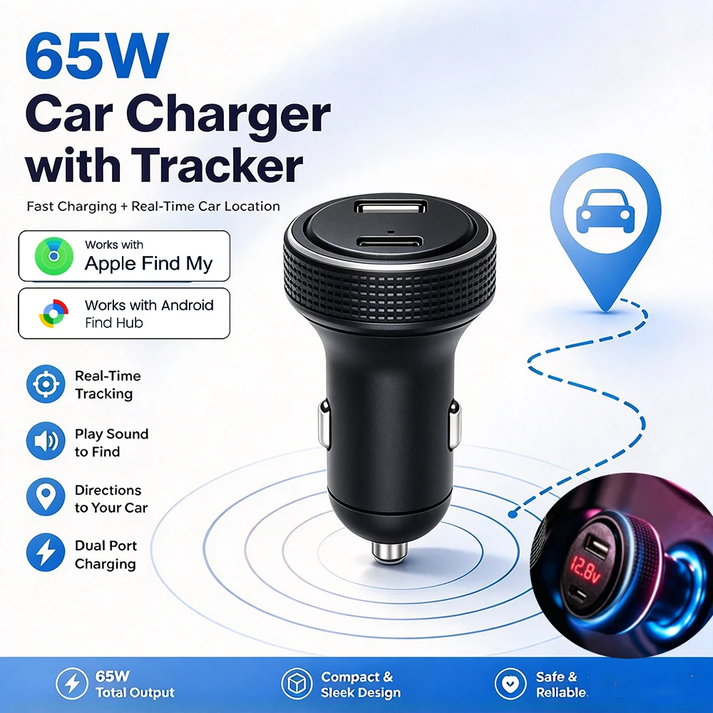 Car Charger GPS Tracker Battery Voltage Display Ambient Light Fast Charge USB Type-C Smart Tag Locator for iOS & Google Find My