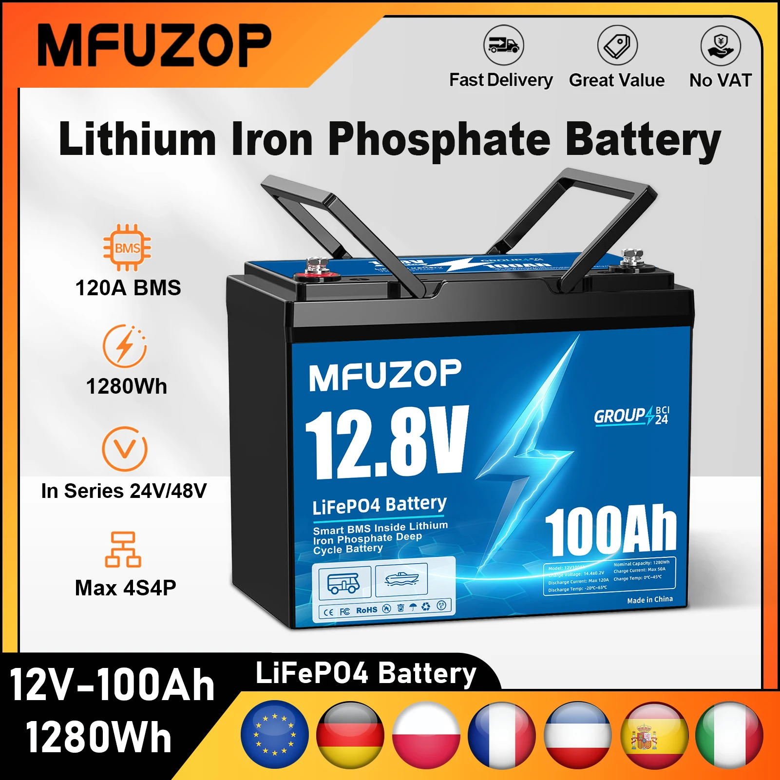 MFUZOP 1280Wh LiFePO4 Battery with Intelligent BMS System 4P4S for RV Home 12V100Ah 1280Wh Solar Energy Storage Rechargeable Battery