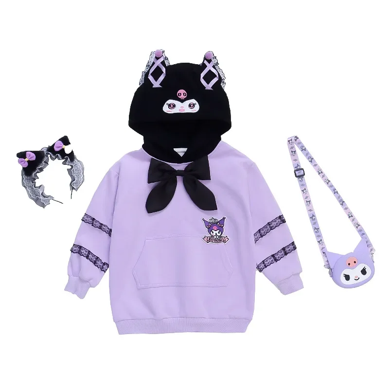 Saia com capuz manga comprida Kawaii Sanrio feminino, vestido de algodão infantil, roupas de princesa, bonito Headwear Bag, Kuromi Gift, primavera, outono