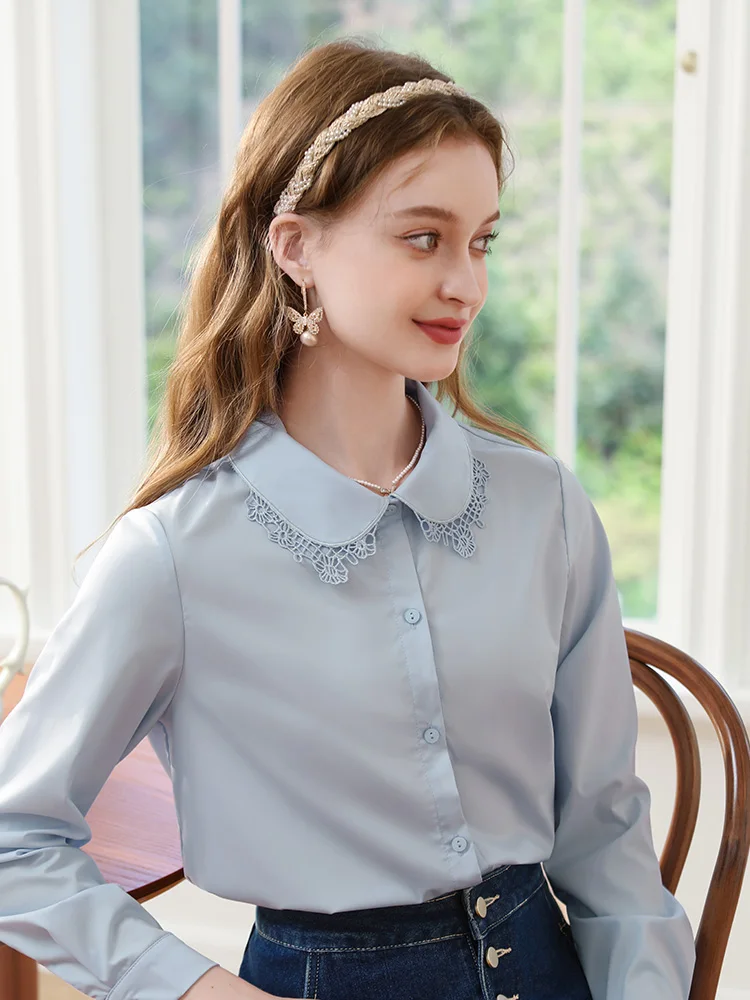 I BELIEVE YOU Shirt For Women 2023 Autumn New Blue French Lace Patchwork Peter Pan Collar Unique Chic Slim Blouses 2233055335