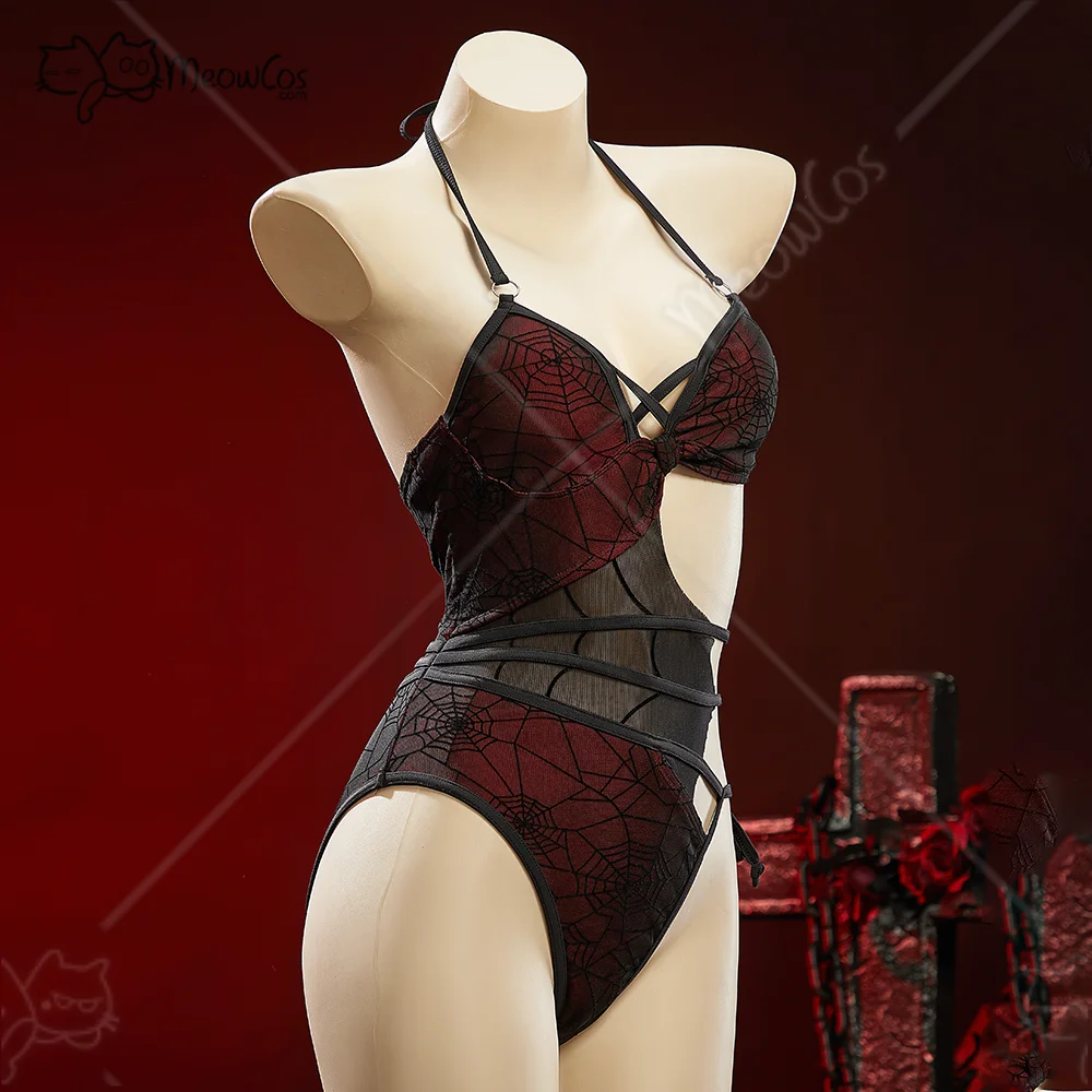 Meowcos.com Women's Pretty Crawler Gothic Spiderweb Design One-Piece Swimsuit Cutout Halter Bathing Suit
