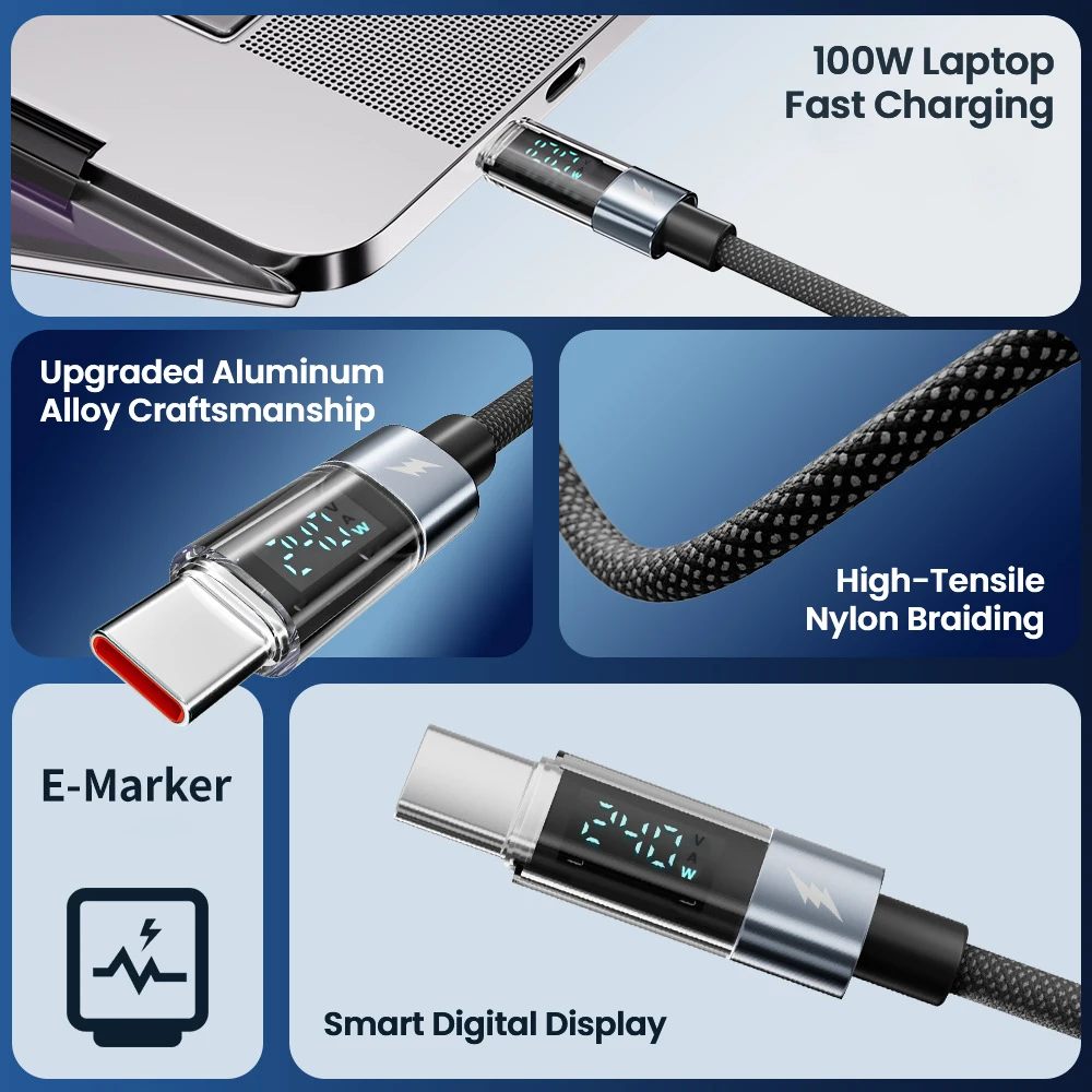 Elough 240W Dual Type C Lntelligent Digital Display Transparent PD27W Fast Charging Data Cable for iphone15 Samsung