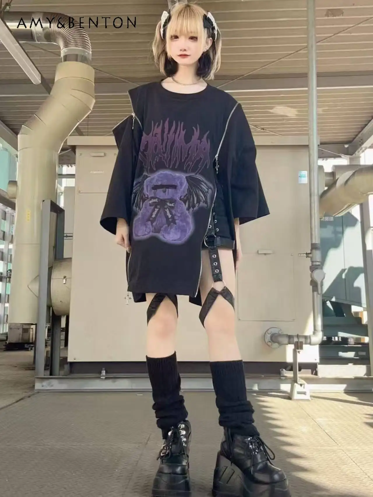 ثقافة فرعية الصليب زيبر الخفافيش كم الكرتون طباعة فستان كبير الحجم للنساء القوطي الشرير نمط تي شيرت تنورة الألغام سلسلة فستان قصير