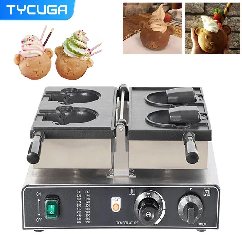 

2PCS Bear Head Shape Waffle Electric Machine Open Mouth Bear Type Taiyaki Ice Cream Waffle Maker 1800W Commercial Snack Baker