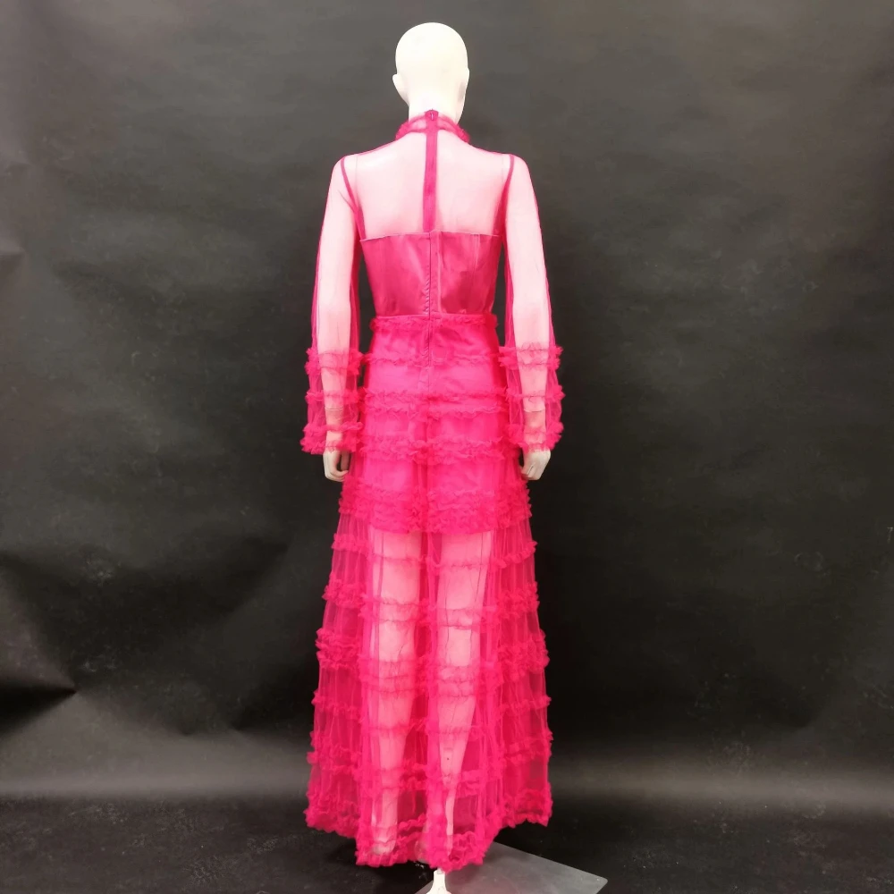 Estilo elegante renda transparente vestido em torno do pescoço nova saia de bolo moda manga longa cintura alta multi camada plissado emenda