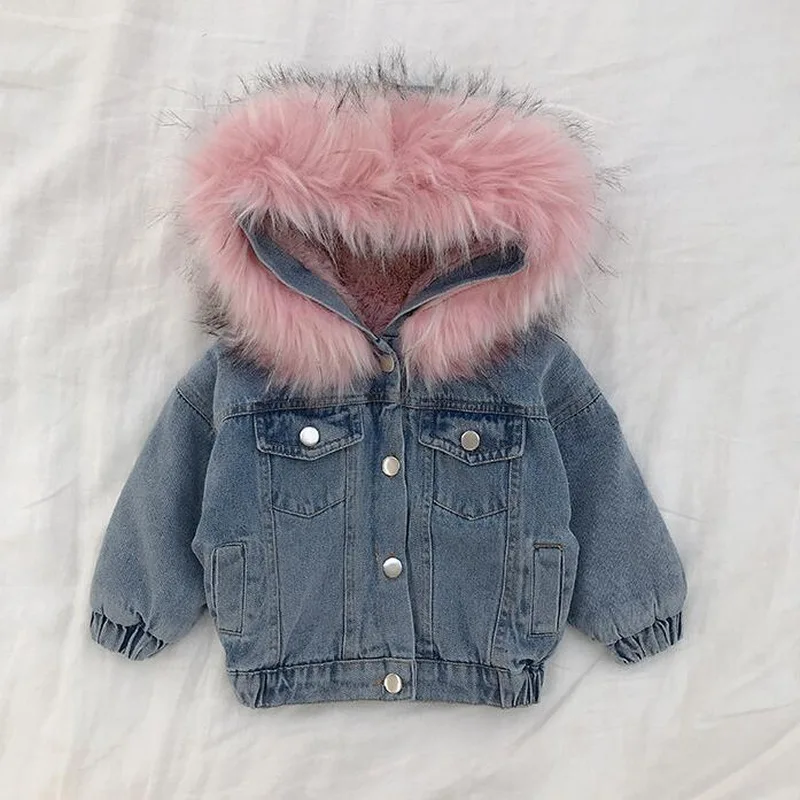 Baby Girls Coats Clothes 2024 Winter Denim Jackets With Fur Hooded Coats For Girls Cotton Thicken Children Clothing Girl Jackets