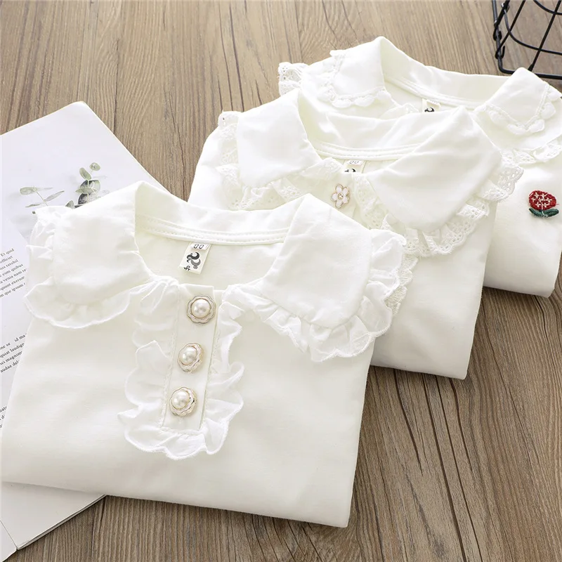 Toddler Baby Girls Tshirts Cotton Cute White Long Sleeve Tops for Kids Autumn Spring Children\'s Turn-down Collar Lace T-shirts