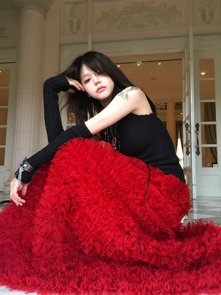 

Red Lace Skirt with Wood ain Mid-Length A-Line Pleated Cake Skirt Casual Sle f-length Skirts for Women