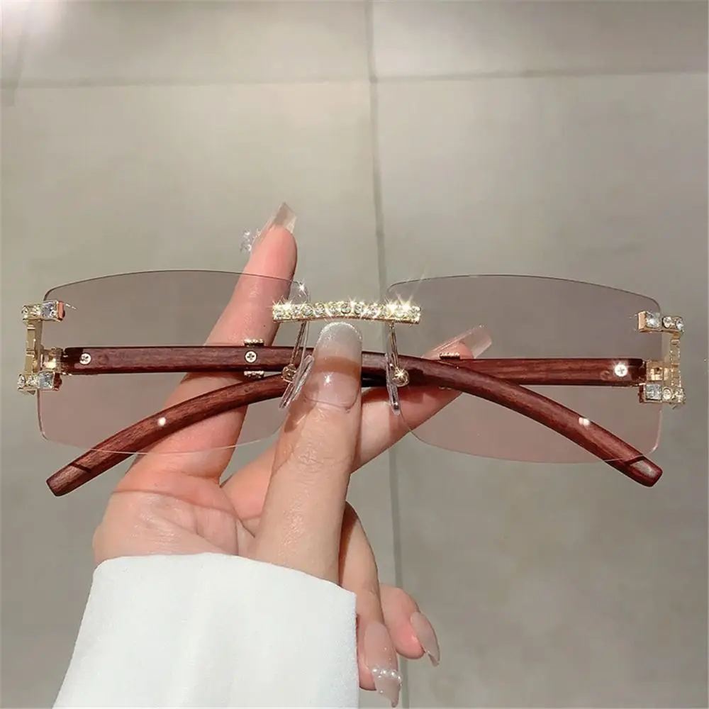 

Rectangle Diamonds Punk Sunglasses Rhinestone Frameless Men's Shades Wood Women's Rimless Sun Glasses