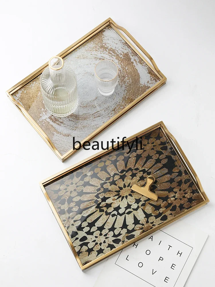 

Light luxury glass storage tray fruit tray rectangular high-end decorative storage tea tray