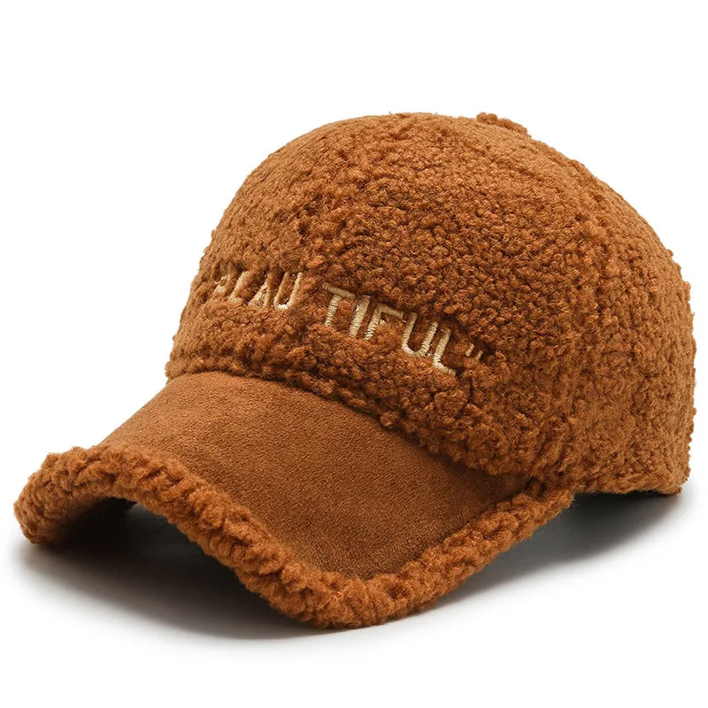 Brand Winter Women\'s Wool Teddy Fur Baseball Cap Unisex Casual Warm Soft Snapback Caps Fashion Letter Embroidery Colorblock Hats