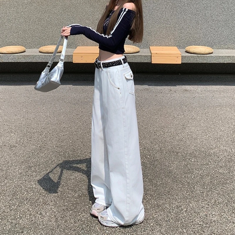 

Autumn High-Waisted White Straight-Leg Jeans for Women, Loose Fit, Versatile, Draped, Floor-Length, Casual, Lazy Wide-Leg Pants
