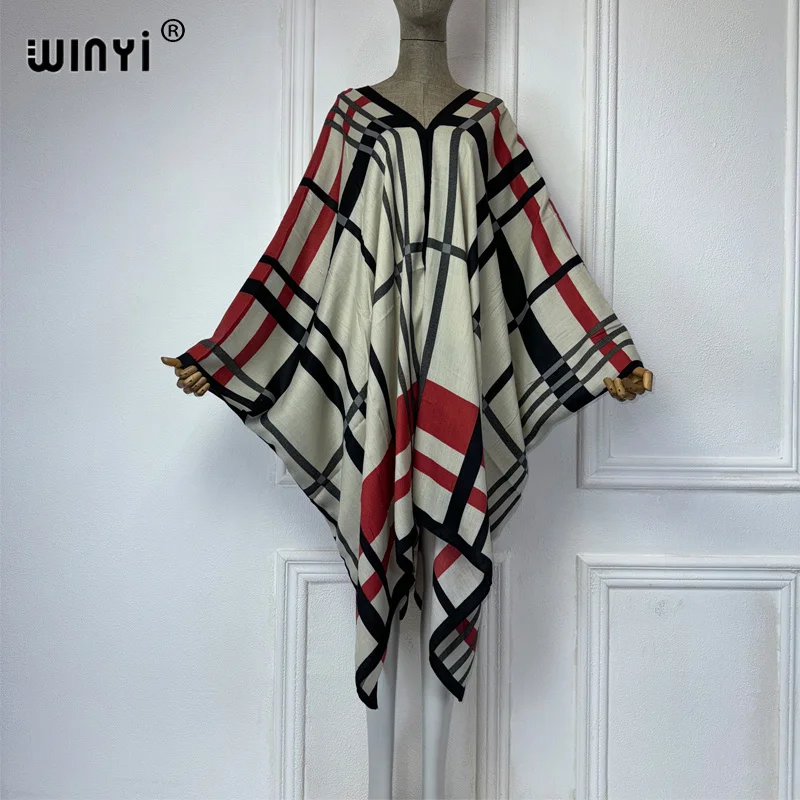 

WINYIAfrican Plaid print dress boho clothing for Women batwing sleeve Caftan Dashiki beach wear Femme Gowns cloak