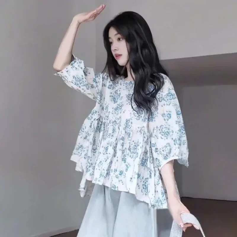 

Женская блузка больших размеров с цветочным принтом, рукавами «летучая мышь», летняя повседневная свободная блузка с рюшами