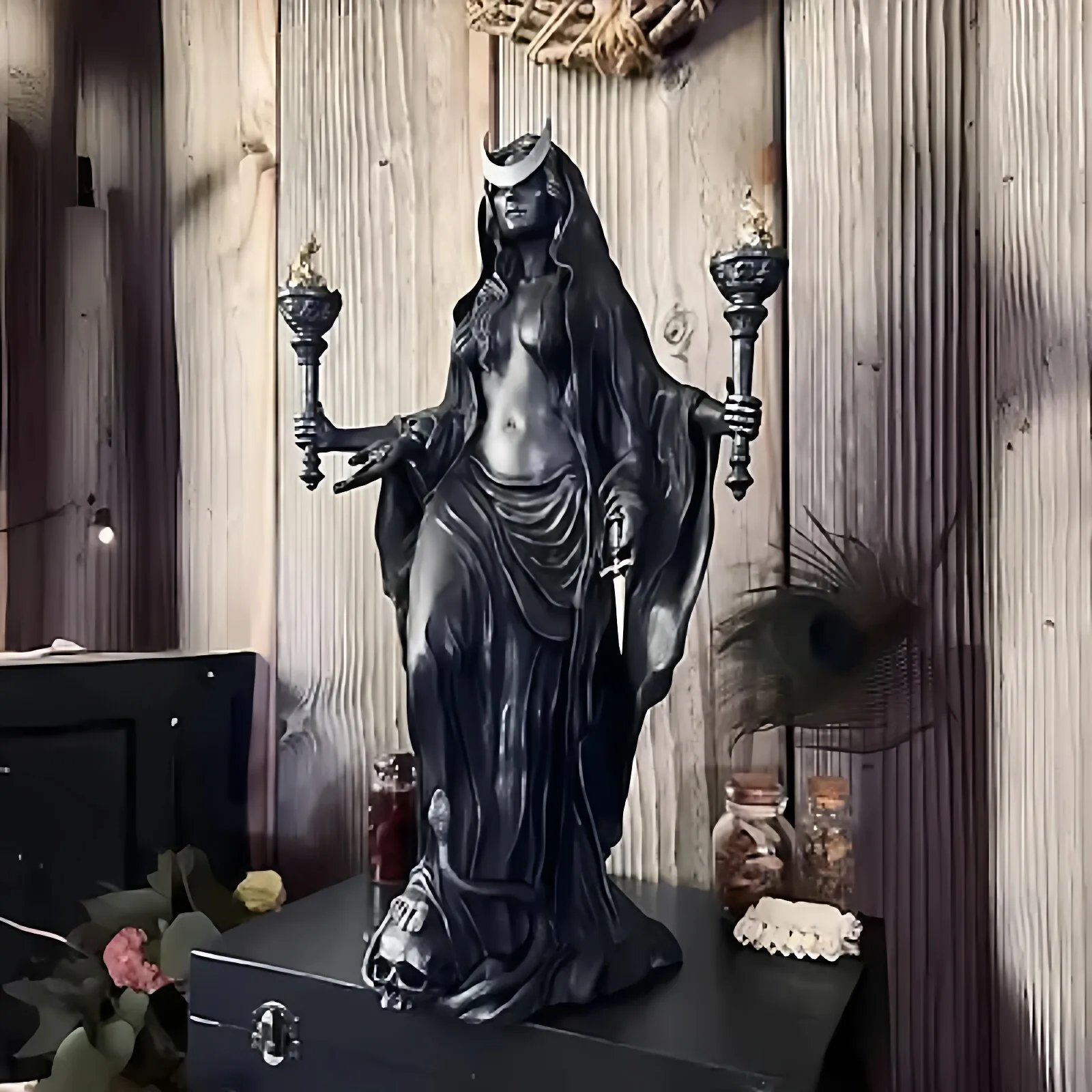Hecate Greek Goddess Statue Resin Sculpture Torch Witch Figurine Gothic Home Decor Halloween Ornament Collection Gift