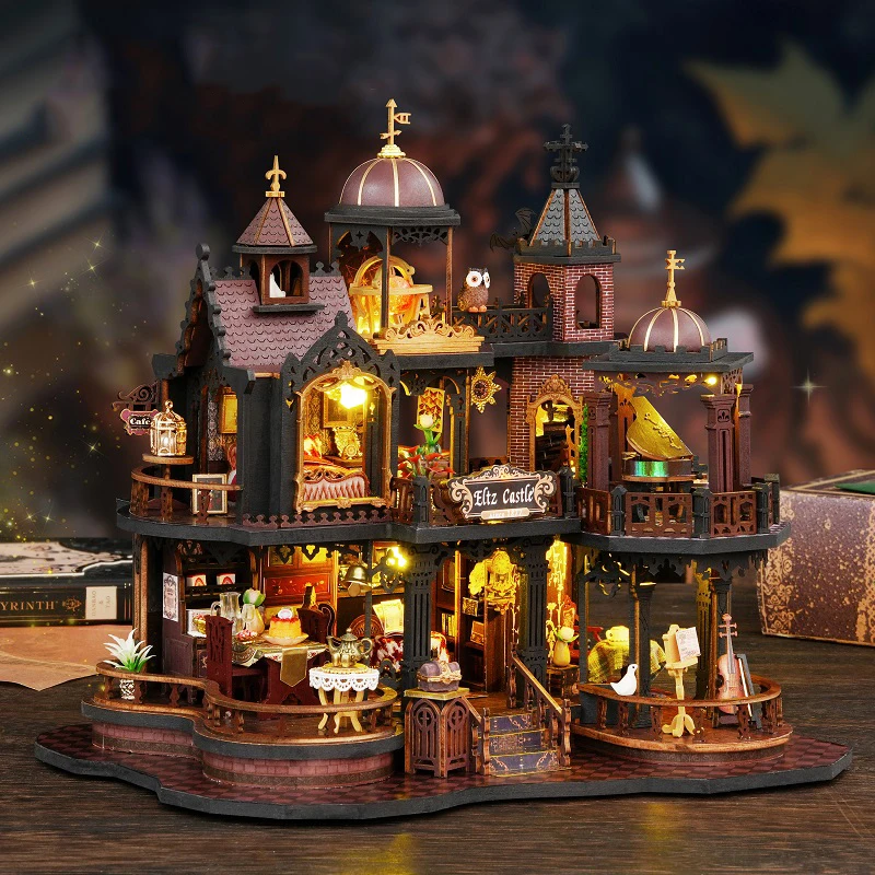 Kit di costruzione in miniatura in legno fai-da-te Castello di Edimburgo Casa Case delle bambole con luci per mobili Case delle bambole per amici Regali di compleanno