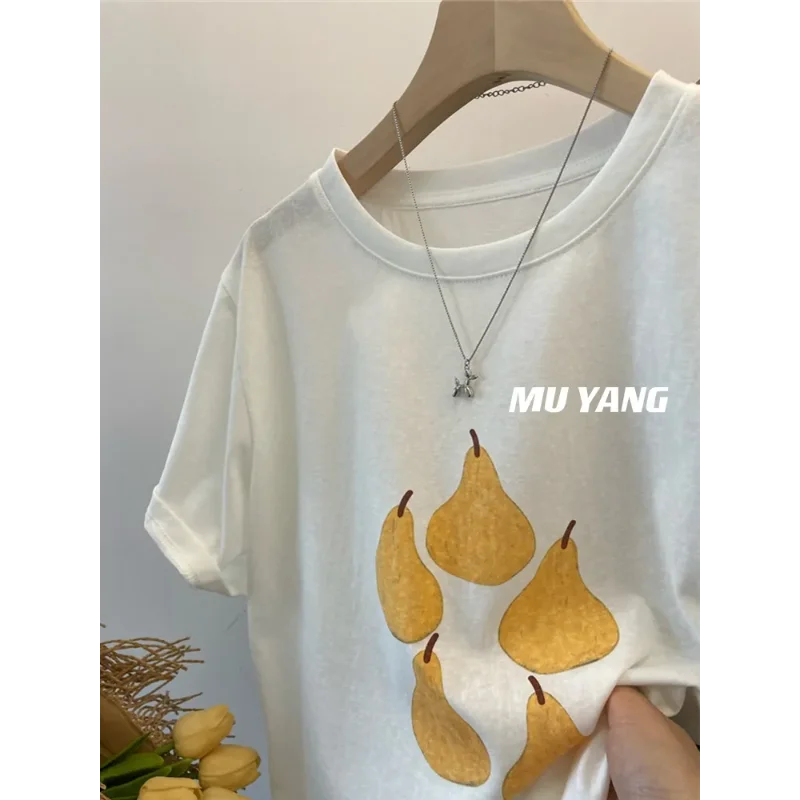 Korean Yellow Pear Print Short-sleeved T-shirt Summer New Loose Cotton Top Women