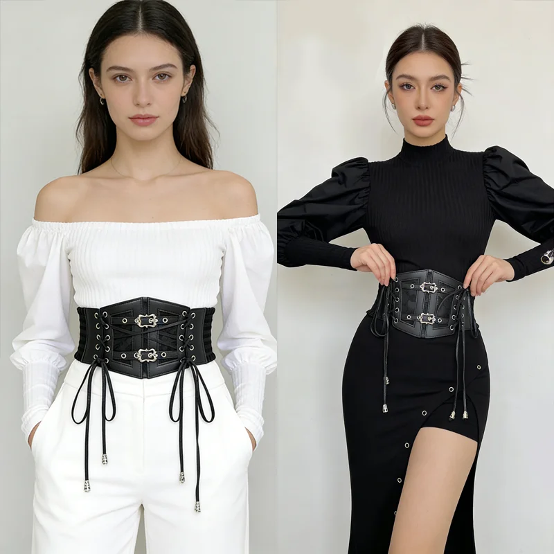 Gothic Retro Waist Trainer Belt for Women, Elastic Lace Cummerbund Punk Metal Buckle Cinch Belt Goth Party Dress Accessory