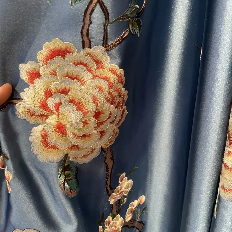 

Curtains For Living Room Bedroom Study Villa French Window Customized Curtain New Chinese Blue High-end Peony Embroidery Patched