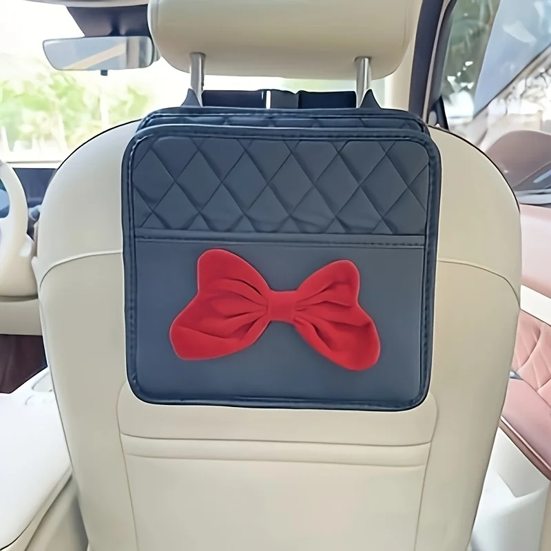 1 Universal PU Leather Car Seat Box, Multifunctional Rear Suspension Storage Box With Bow Design
