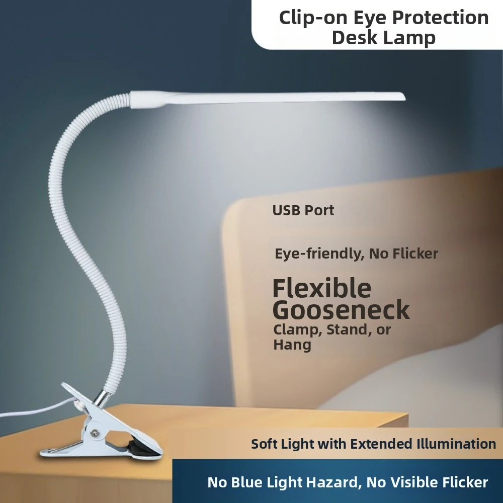 New LED Desk Lamp Eye-friendly Lighting USB Powered Clip On Lamp White Black with Clamp Reading Lights for Home Office