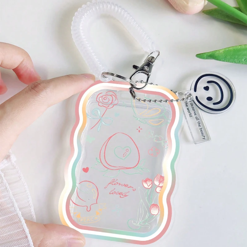 Tarjetero transparente con patrón de melocotón, soporte para tarjeta de identificación de estudiante, funda para tarjeta de puerta, soporte para sesión fotográfica Kpop, llavero colgante de primavera