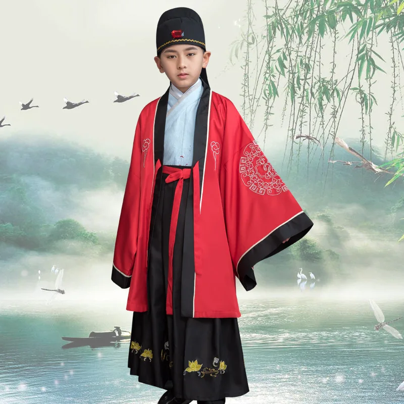 Boys Autumn New Chinese Style Traditional Embroidery Cloak Hanfu Children Cotton Ancient Coat Cape Role Play Costume Mantle