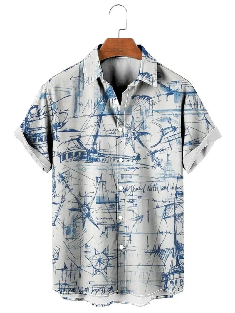 Camisa masculina de manga curta com mapa 3D impresso, botão de lapela masculino, roupas masculinas, tops casuais da moda, camiseta extragrande, camisa vintage