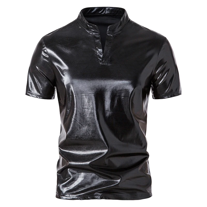 Mens Hipster Glossy Gold Short Sleeve Polo Shirt Henry Collar 70s Disco Nightclub Party T-Shirts