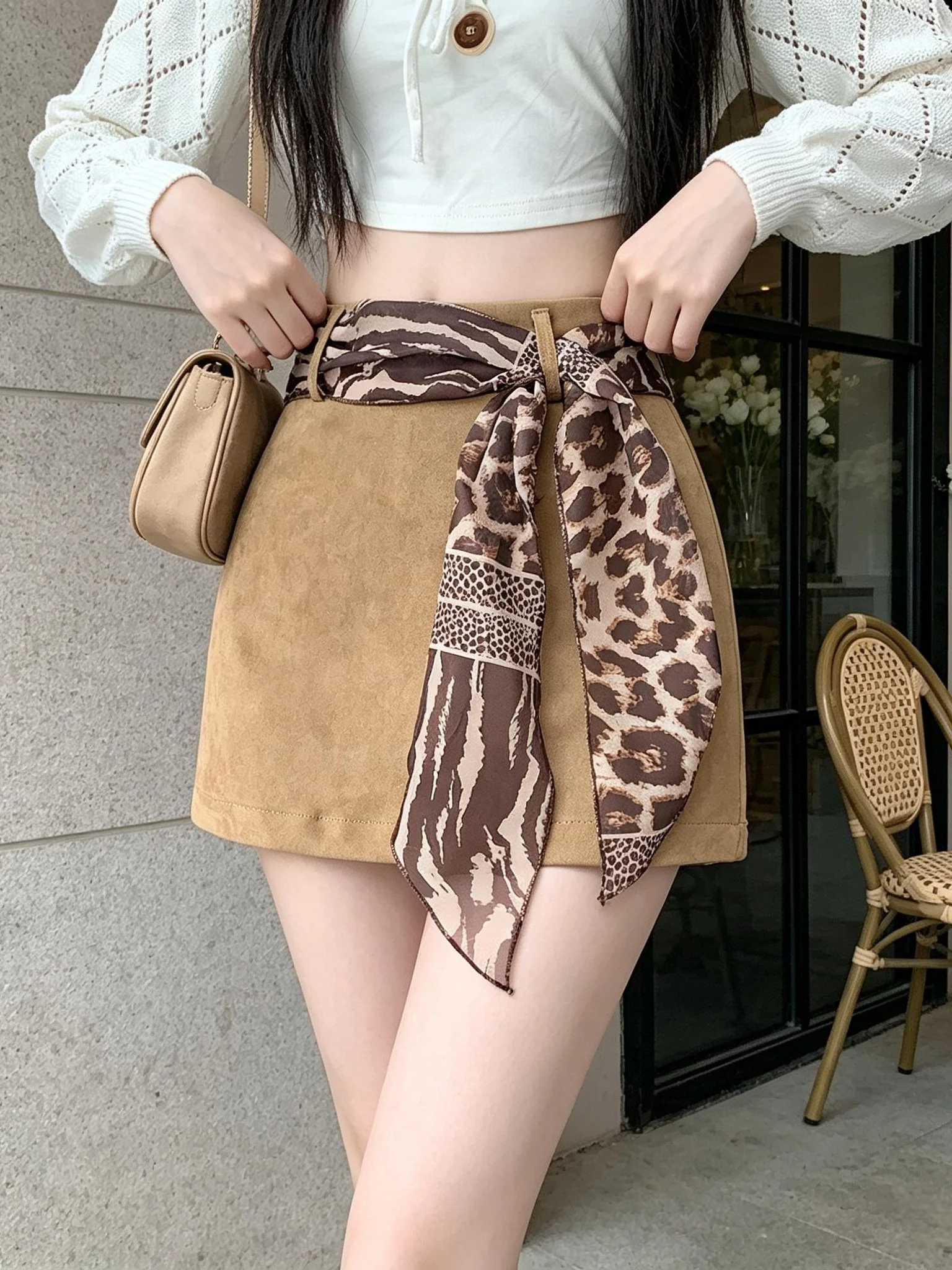 Retro Skin Velvet Halter Neck Skirt with Silk Scarf Women's Spring Autumn Design A-Line Short Skirt Bodycon High Waist