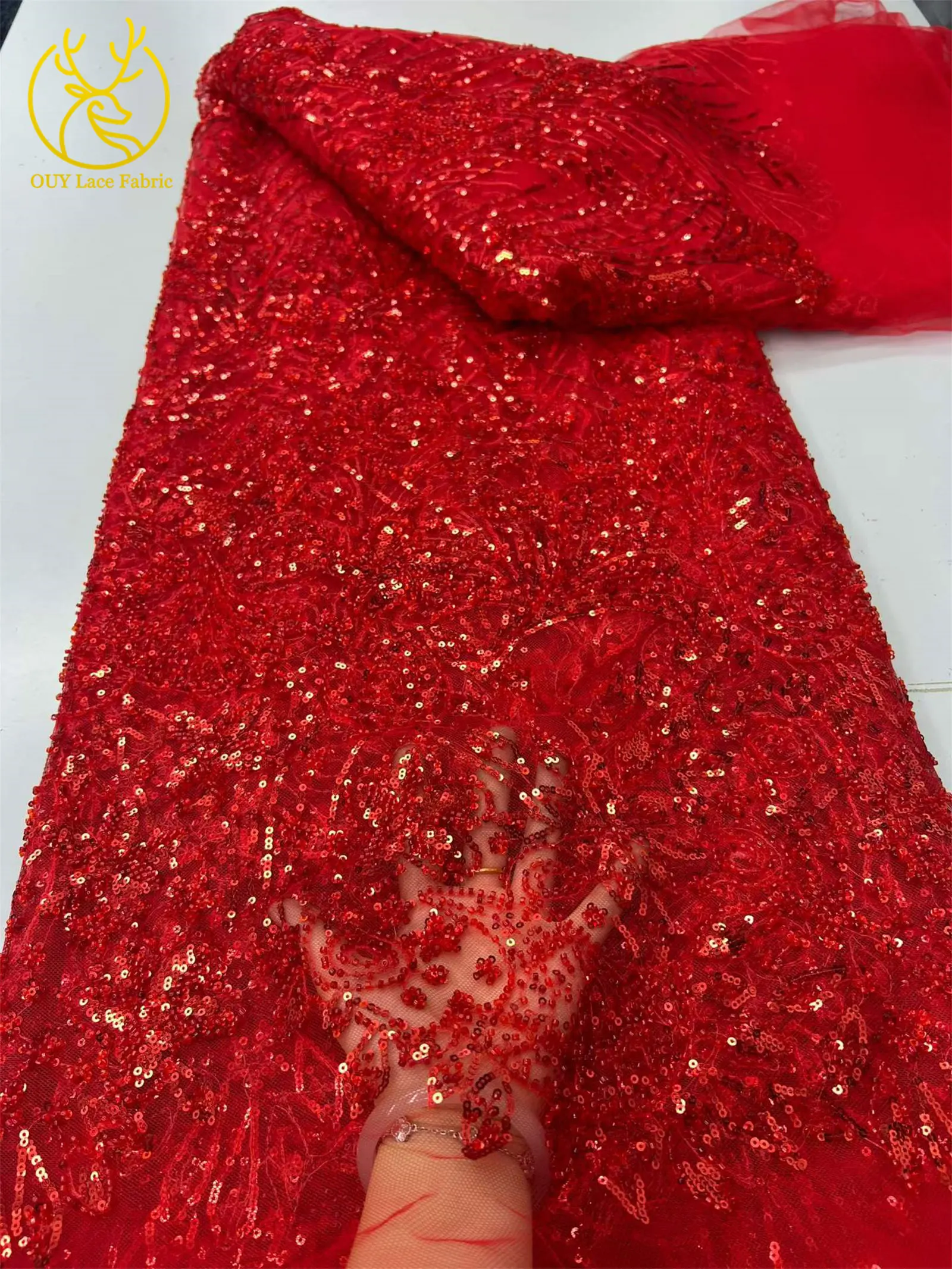 Grüner eleganter afrikanischer Perlen-Pailletten-Spitzenstoff, 5 Yards, hochwertige nigerianische Mesh-Tüllspitze für Damen, Abschlussball, Partykleid, Nähen – Detail 9